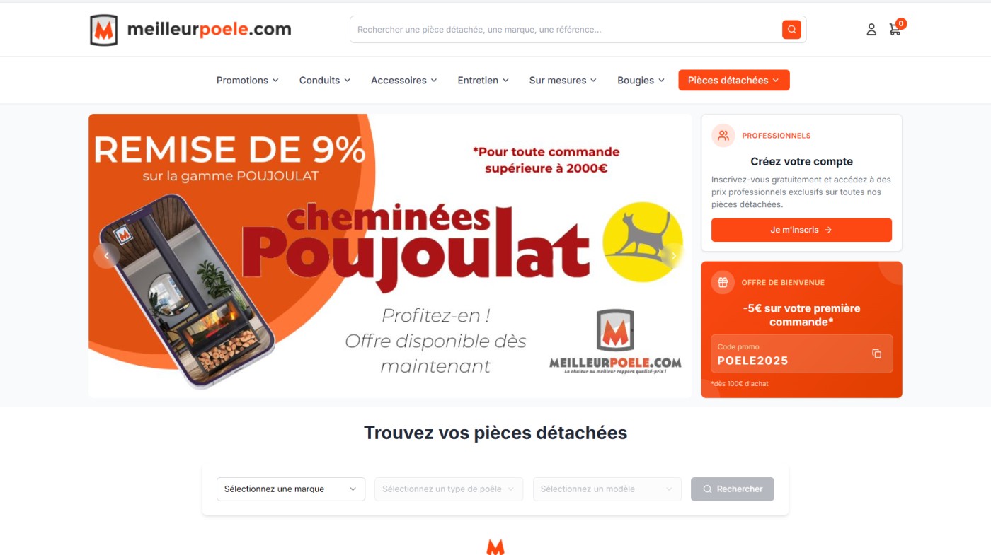 Site web : Meilleur Poêle, Site e-commerce de ventes de pièces détachées de poêles à bois et granulés