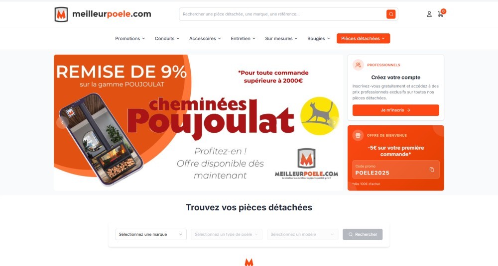 Site web : Meilleur Poêle, Site e-commerce de ventes de pièces détachées de poêles à bois et granulés