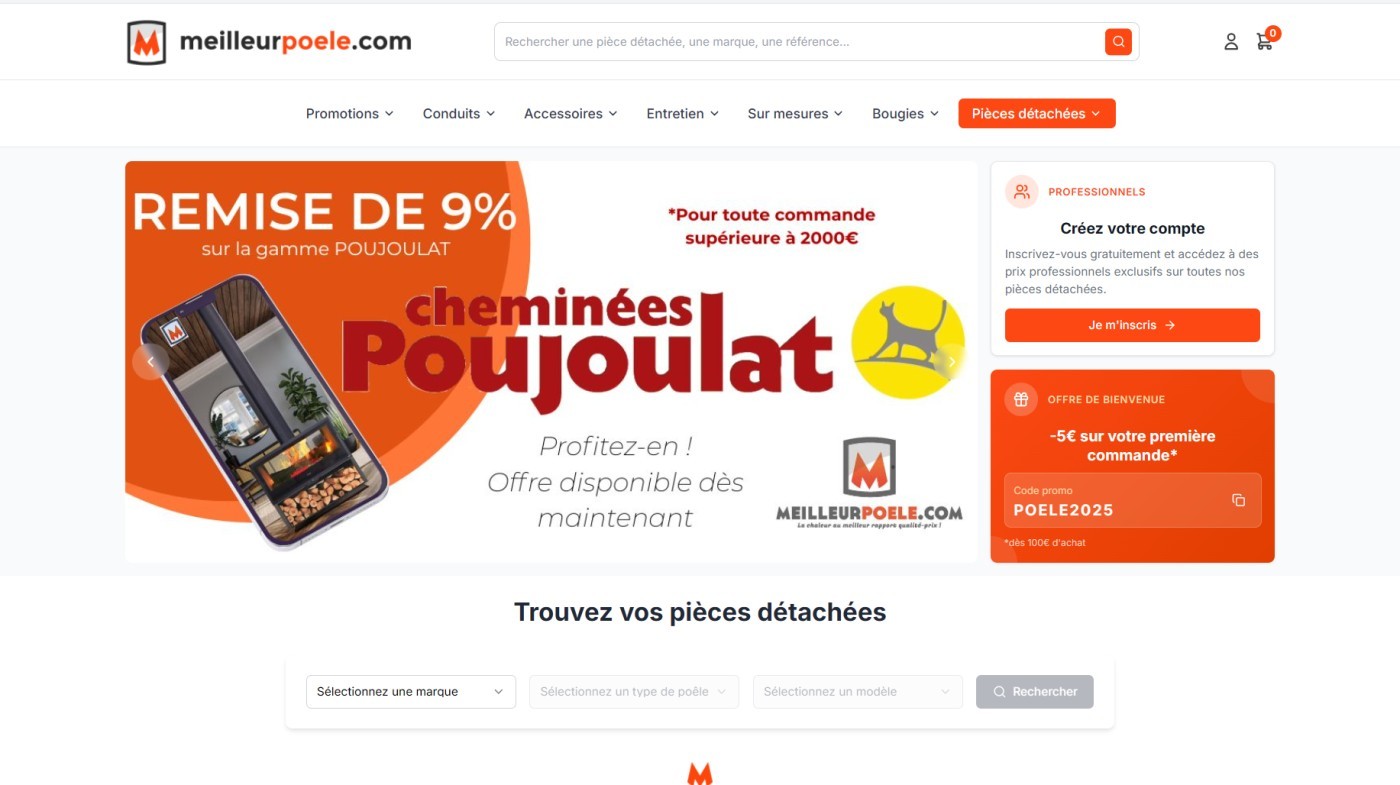Site web : Meilleur Poêle, Site e-commerce de ventes de pièces détachées de poêles à bois et granulés