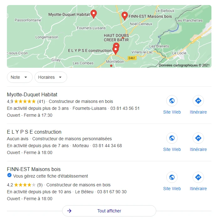 Exemple d'affichage de pack local Google My Business
