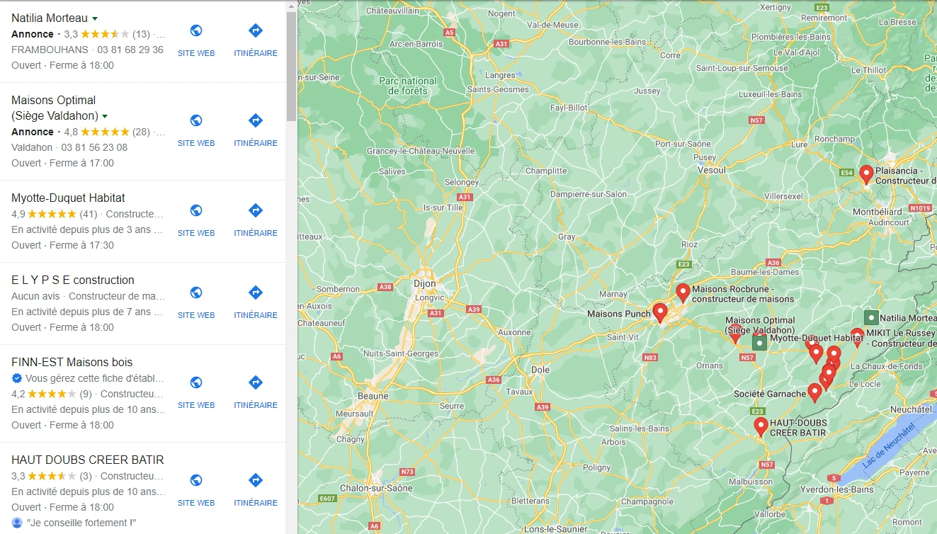 Exemple d'affichage de Google Maps avec une liste d'entreprise